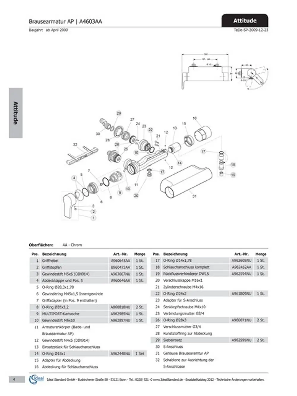Explosionszeichnung und Teileliste für Brausearmatur von Ideal Standard, Modell Attitude. Enthält Detailansichten der Komponenten und technischen Informationen.